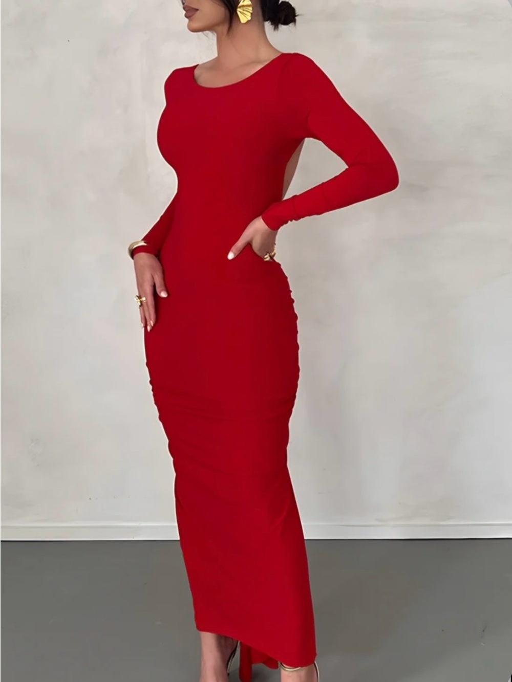 Commense Scarlet Red Long-Sleeve Bodycon Maxi Dress